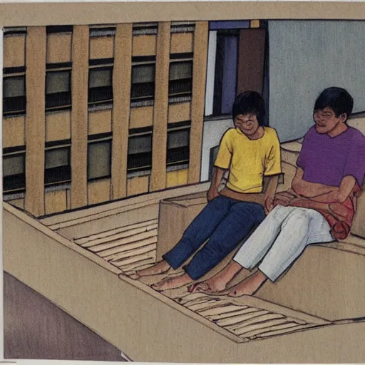 Prompt: art of two singaporean students sitting on the roof of a hdb flat, by moebius