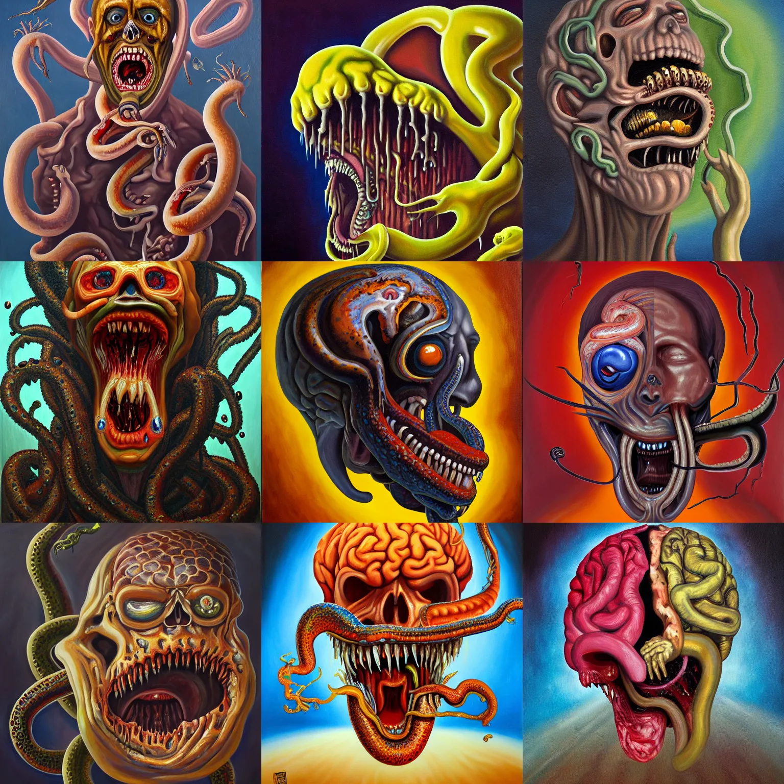 Prompt: an oil on canvas painting of a screaming decapitated man's melting face with blank eye sockets and biting serpents swarming out of his exposed brain, a surrealist painting, polycount, surrealism, surrealist, lovecraftian, cosmic horror