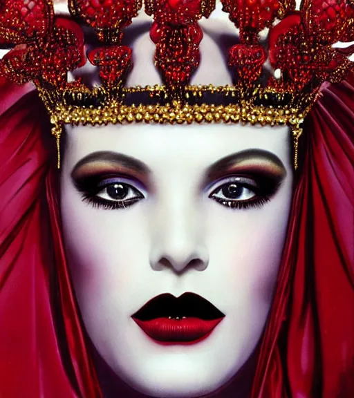 Prompt: an 8 0 s close up portrait of a woman with dark eye shadow and red lips with dark slicked back hair, a mask of beads and jewels hanging from a crown by serge lutens, rolf armstrong, delphin enjolras, peter elson, background of classic red cloth