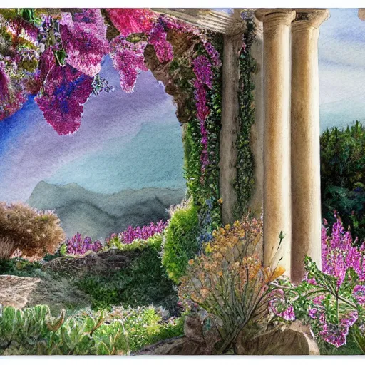 Prompt: delicate coastline mountain garden on paper, stony, puffy, botanical herbarium, botanic watercolors, iridescent, 8 k wide angle, realistic shaded, fine details, artstation, italian, rainbow, colonnade, oak tree, pomegranade, vines, gardena architecture, pompeian, sicilian