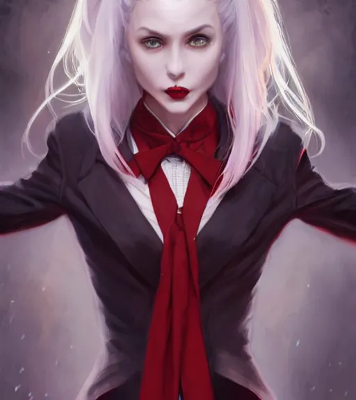 Image similar to a vampire girl, grey hair, red necktie, cinematic, stunning, highly detailed, digital painting, artstation, smooth, hard focus, full body shot, illustration, art by artgerm and greg rutkowski and alphonse mucha