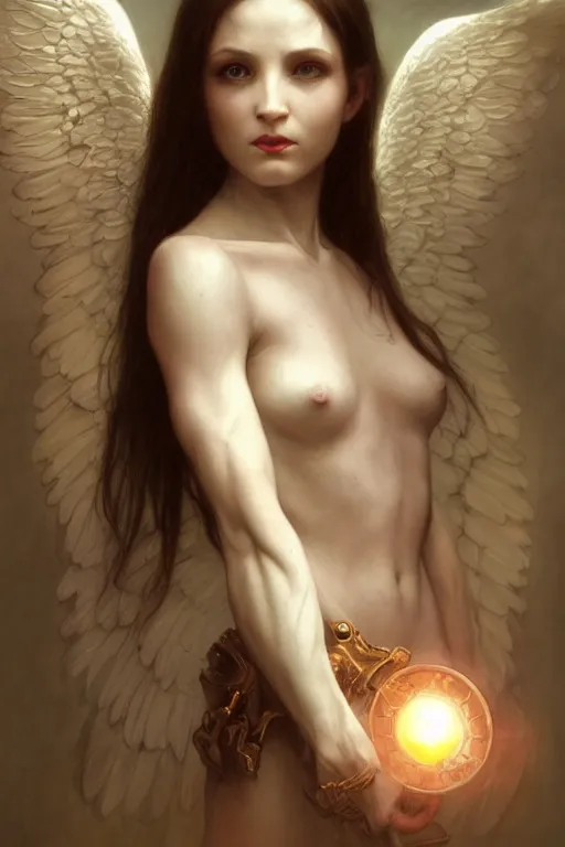 Image similar to Portrait of beautiful pale demonic angelic girl warhammer 40000, cinematic lighting, intricate, elegant, highly detailed, digital painting, artstation, smooth, sharp focus, illustration, art by artgerm and greg rutkowski and zdislav beksinski and alphonse mucha and Wayne Barlowe and william-adolphe bouguereau