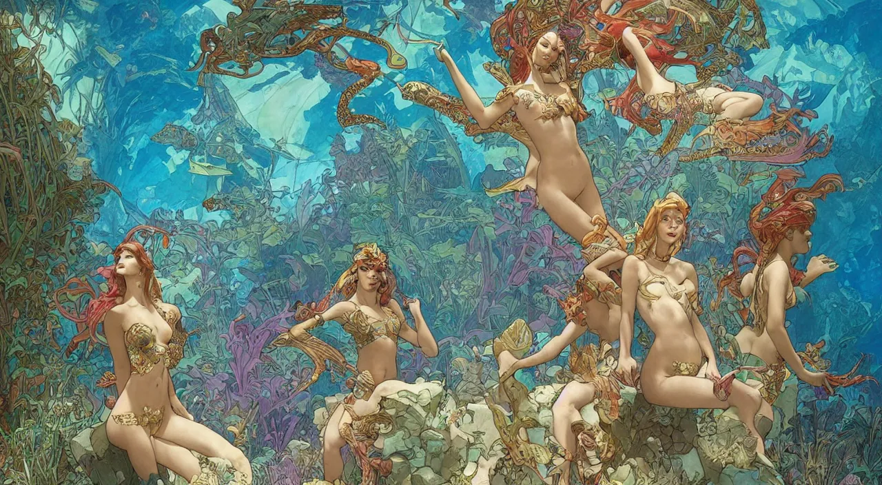 Image similar to Merfolk in the Lost City of Atlantis, very colourful, underwater, highly detailed, artstation, intricate, smooth, sharp focus, bright, happy, illustration, art by Artgerm and Greg Rutkowski and Alphonse Mucha and Yuumei, good clear quality, lighting, biology, symmetrical artwork, perfect face, 135 mm, cinematic, hyper realism, dark, moonlight, high detail, octane render, 8k, crimson highlights