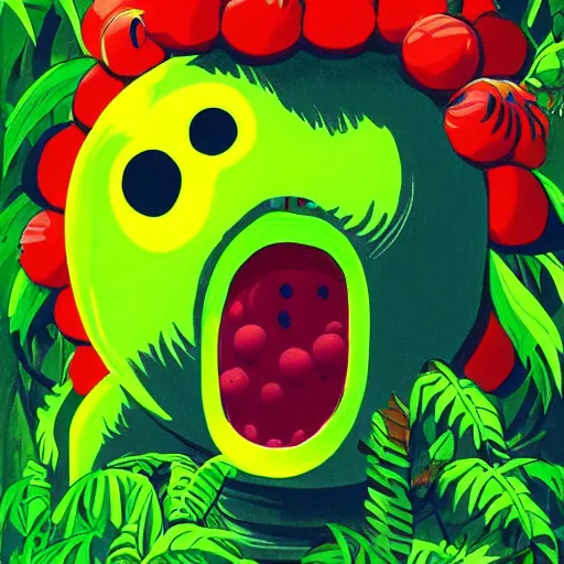 Image similar to a tennis ball monster ,tennis ball, tennis racket, jungle monster, jungle vines, colorful, digital art, fantasy, magic, trending on artstation, ultra detailed, professional illustration by Basil Gogos