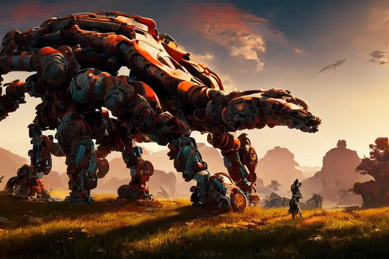 Image similar to shell - walker machine mecanical creature robot of horizon forbidden west horizon zero dawn radiating a glowing aura global illumination ray tracing hdr fanart arstation by ian pesty and alena aenami artworks in 4 k