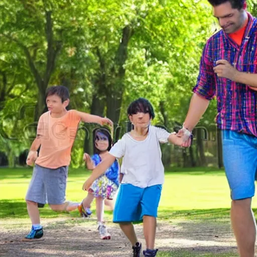 Image similar to high quality stock photo of a man playing in a park with his children, detailed