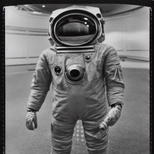 Prompt: old polaroid from 1 9 5 6 depicting a russian astronaut besides an mechanical alien probe, at a clearing