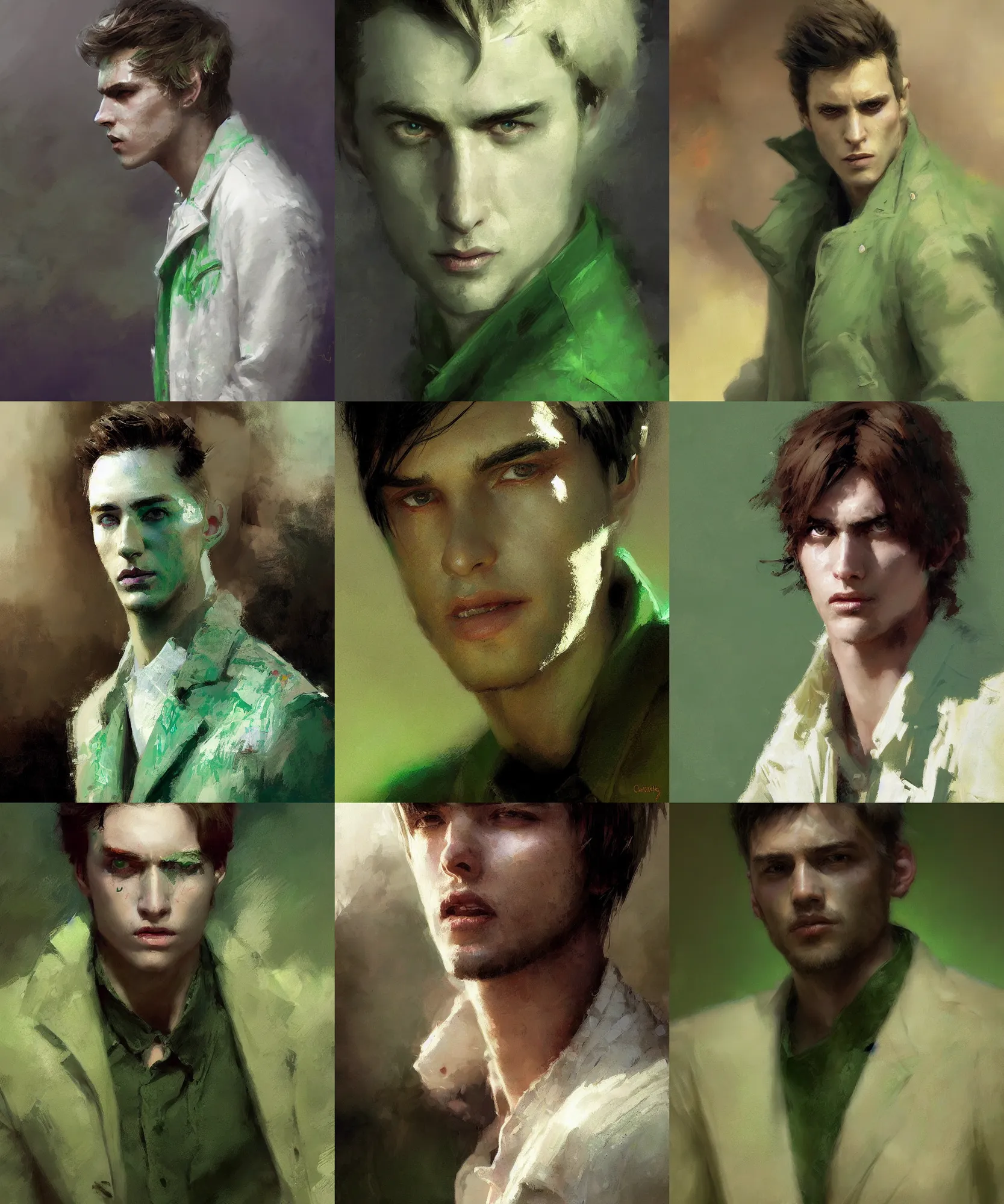 Prompt: digital art painting of young handsome guy, short straight hair, white make up, wearing a green jacket painted by craig mullins and gaston bussiere and greg rutkowski, dramatic lighting, ambient lighting, close up