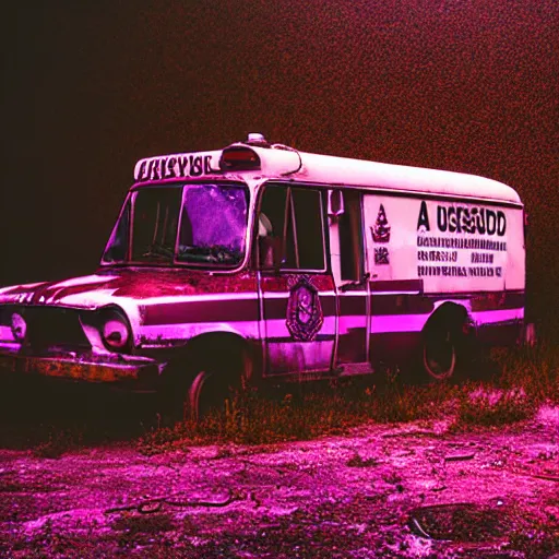 Prompt: Abandoned Ambulance, purple light, underwater, unknown figure