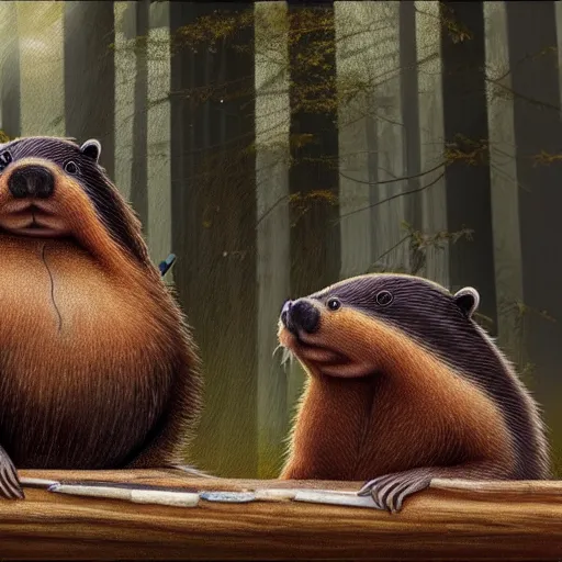 Prompt: photography hyperrealism concept art of anthropomorphic beavers builders that building city with sticks