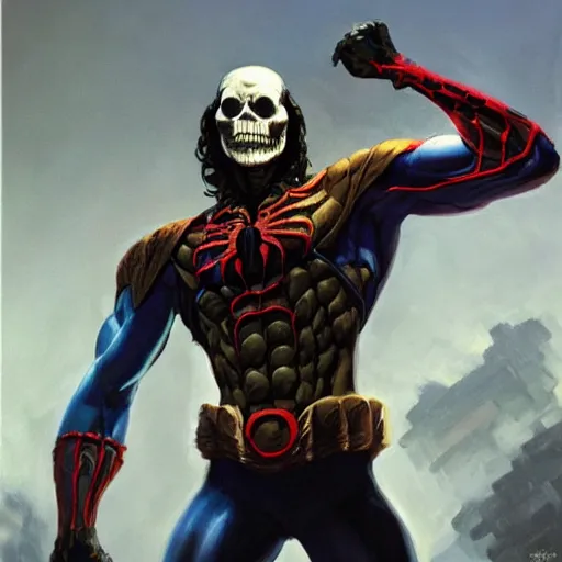 Image similar to ultra realistic portrait painting of skeletor as spider - man in spider - man remastered, art by frank frazetta, 4 k, ultra realistic, highly detailed, epic lighting