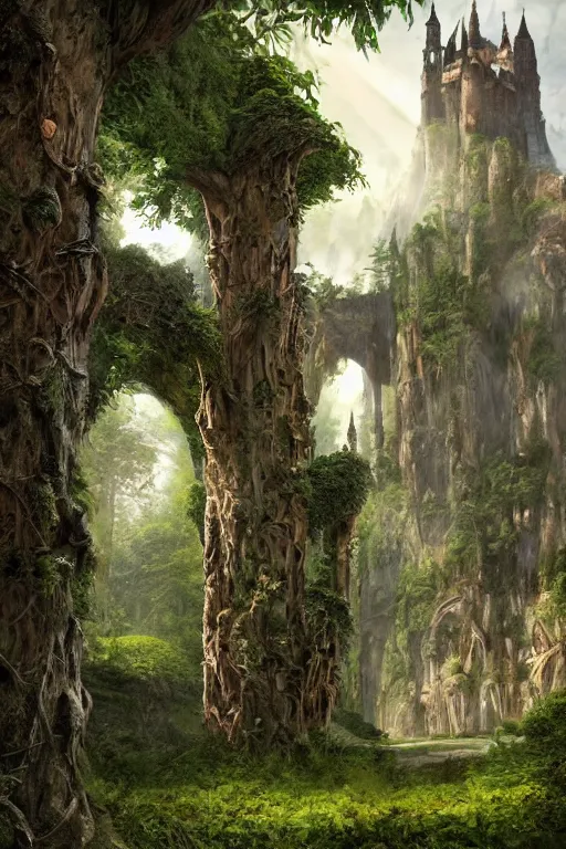 Image similar to gigantic castle, adorned pillars, towers, gnarly trees, lush vegetation, forrest, landscape, alex ross, neal Adams, david finch, concept art, matte painting, highly detailed, rule of thirds, dynamic lighting, cinematic, detailed, denoised, centerd