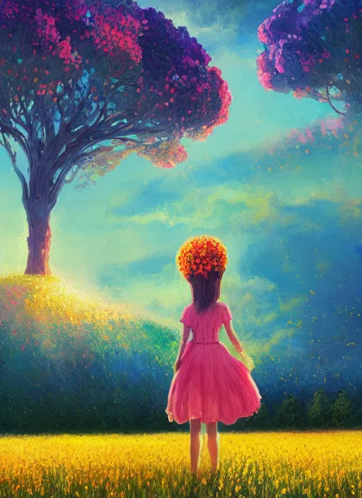 Image similar to girl with giant flower as a face and flower dress, standing in a flower field hills, big trees, sunrise dramatic light, impressionist painting, colorful clouds, digital painting, pointillism, artstation, simon stalenhag