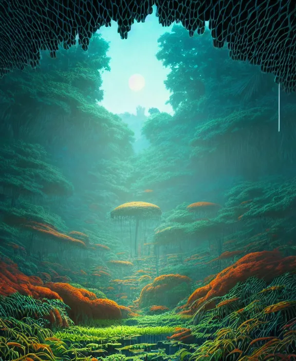 Image similar to simplicity, an simple structure made out of exotic fungus, overgrown with lush floral jungle, milky way, hellscape, hell, fire, brimstone, lava, by dan mumford, yusuke murata, makoto shinkai, ross tran, cinematic, unreal engine, cel shaded, featured on artstation, pixiv