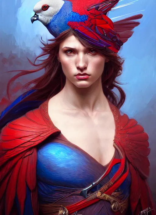 Image similar to portrait of aggressive pigeon humanoid, d & d, muscular! blue and red, fantasy, intricate, elegant, highly detailed, digital painting, artstation, concept art, smooth, sharp focus, illustration, art by artgerm and greg rutkowski and alphonse mucha