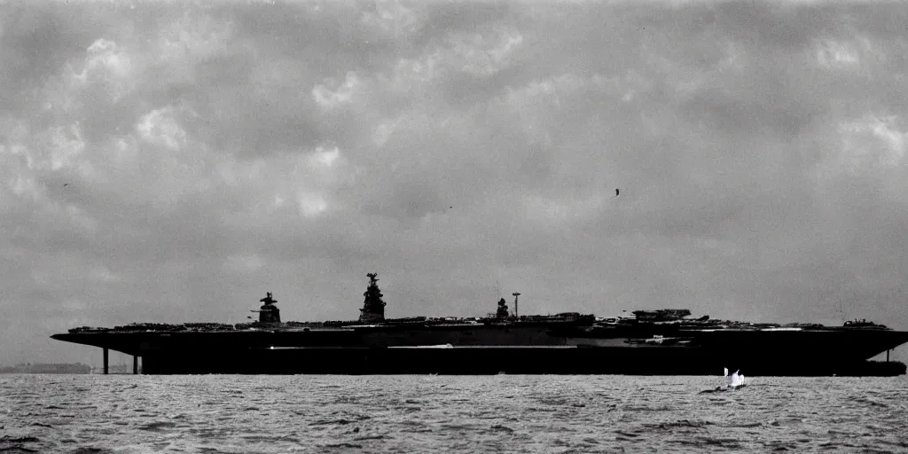 Image similar to a black monolith floats in the sky. aircraft carrier in background. 1 9 5 0, archive photo