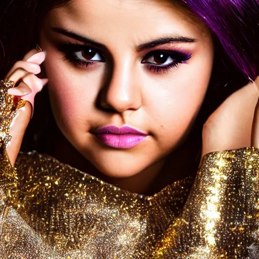 Image similar to Selena Gomez with silver-violet hair, white eyes and golden glittery dress, wide lens, diorama, 4k,