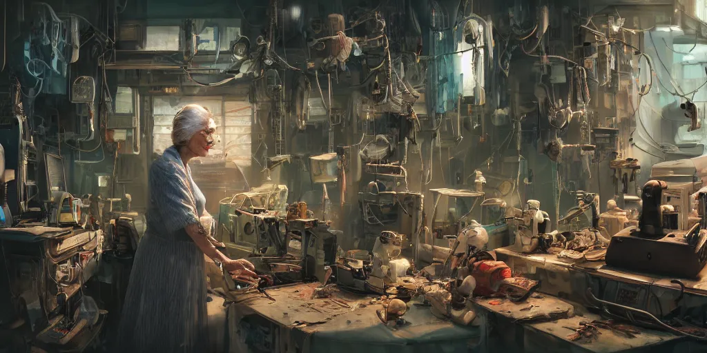 Prompt: an environmental concept art of an elderly woman cyberneticist in a cluttered workshop, surgical implements, surgery theatre, robotic arm, blood spatter, highly detailed, cinematic, dramatic, cyberpunk, dieselpunk, scifi space station, horror, ( bladerunner 2 0 4 9, cyberpunk 2 0 7 7 )