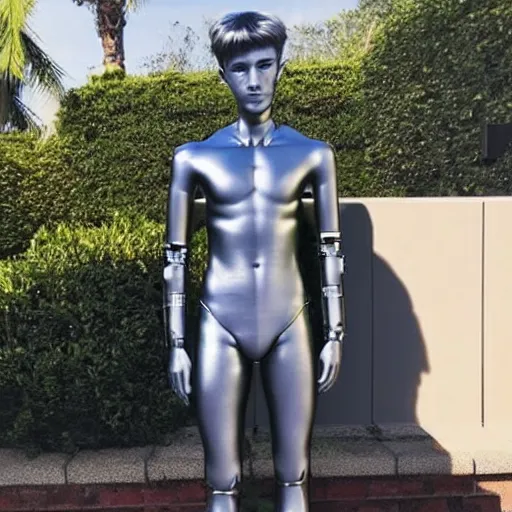 Image similar to “a realistic detailed photo of a guy who is an attractive humanoid who is half robot and half humanoid, who is a male android, twitch streamer Ninja Tyler Blevins, shiny skin, posing like a statue, blank stare, by the pool, display”