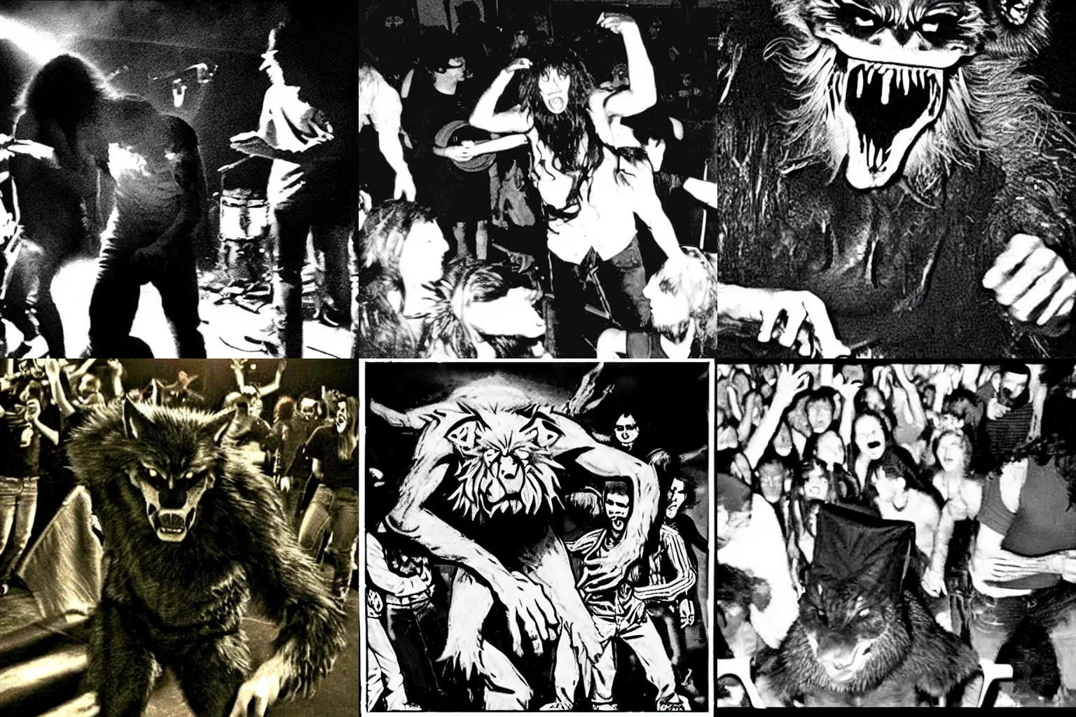 Prompt: werewolf!! photo, grainy camcorder footage of a werewolf dancing at a mosh pit, concert, club