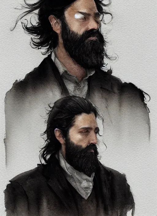 Prompt: portrait, a handsome small Frenchman with beard and long black hair toasting with whiskey, watercolor, dramatic lighting, cinematic, establishing shot, extremely high detail, foto realistic, cinematic lighting, digital art, by Yoshitaka Amano, Ruan Jia, Kentaro Miura, Artgerm, post processed, concept art, artstation, matte painting, style by eddie mendoza, raphael lacoste, alex ross