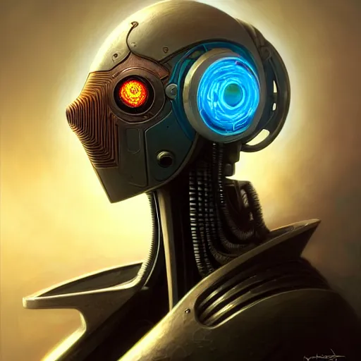 Image similar to front shot of a cyberpunk gazmask robot character, intricate, elegant, highly detailed, centered, digital painting, artstation, concept art, smooth, sharp focus, illustration, artgerm, Tomasz Alen Kopera, Peter Mohrbacher, donato giancola, Joseph Christian Leyendecker, WLOP, Boris Vallejo