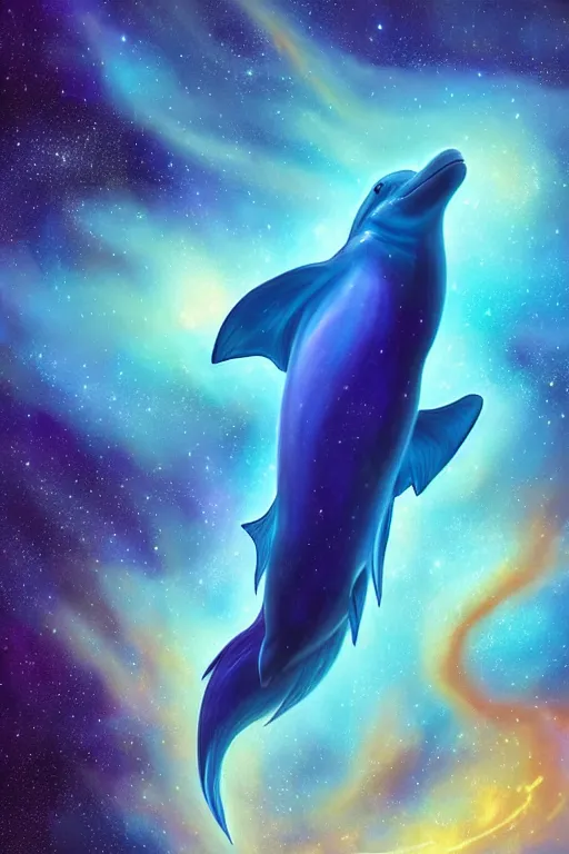 Image similar to Ethereal blue fire dolphin swimming through a nebula, Sirius star system, star dust, cosmic, magical, shiny, glow,cosmos, galaxies, stars, outer space, stunning, by andreas rocha and john howe, and Martin Johnson Heade, featured on artstation, featured on behance, golden ratio, ultrawide angle, hyper detailed, photorealistic, epic composition, wide angle, f32, well composed, UE5, 8k