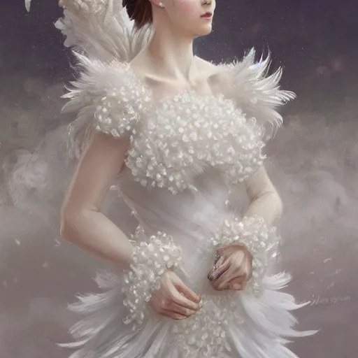 Prompt: a sweet queen with a decorated dress made of white cotton roses and white and cream plumes of swan, highly detailed, digital painting, Trending on artstation , HD quality, by artgerm and greg rutkowski and alphonse mucha, dramatic light, octane