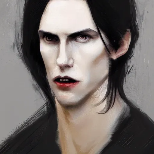 Image similar to portrait of a man by greg rutkowski, he looks like a vampire, long black messy hair, very tall and slender, star wars expanded universe, wearing black robes, he is about 3 0 years old, highly detailed portrait, digital painting, artstation, concept art, smooth, sharp foccus ilustration, artstation hq