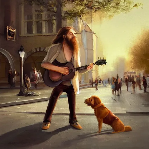 Image similar to oil painting of a young man with long hair blond and a beard hippie style with his golden retrever dog playing guitar in the square for money, people watching around, by greg rutkowski, artstation