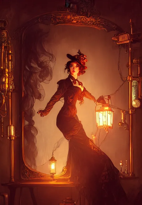 Prompt: steampunk actress preparing for a show at the smoky backstage, mirror, chinese lanterns, smoke, fantasy magic, dark light night, intricate, elegant, sharp focus, illustration, highly detailed, digital painting, concept art, matte, art by wlop and artgerm and greg rutkowski and alphonse mucha, masterpiece