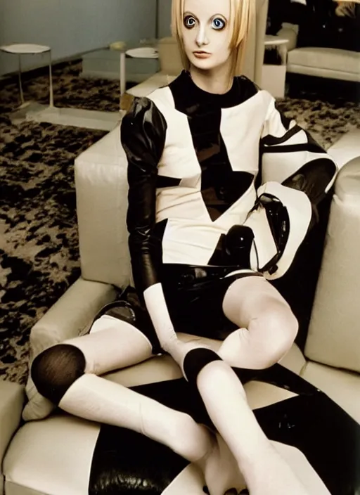 Prompt: Twiggy dressed in Y2K clothing in a futuristic living room, fashion photography