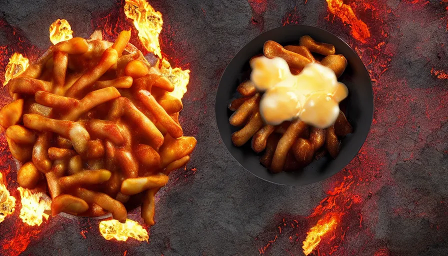 Prompt: poutine ( the canadian meal ) from mount doom, volcano texture, lava texture, fire texture, cheese curds texture, octane render, highly detailed texture, 8 k