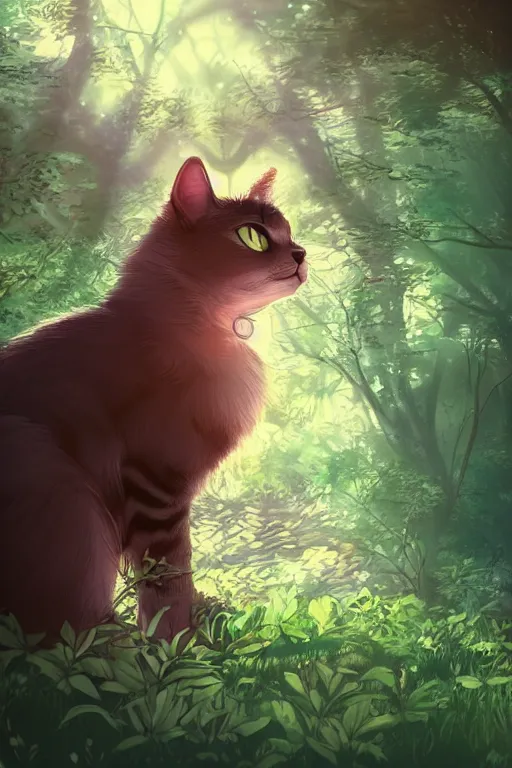 Prompt: cat in a forest, by kawacy, trending on artstation, backlighting, sunlight