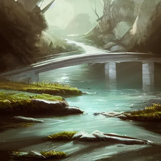 Image similar to a river flowing under a bridge, concept art by nina tryggvadottir, featured on deviantart, environmental art, matte background, storybook illustration, concept art