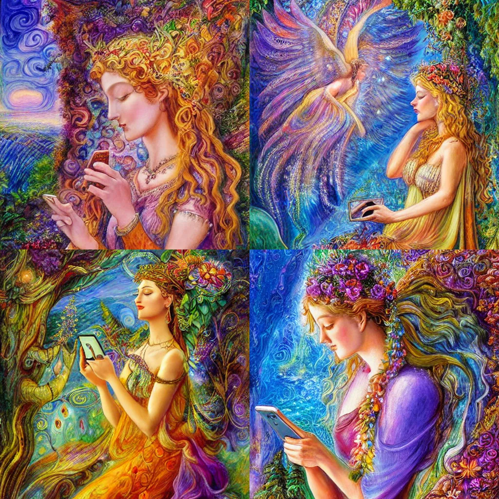 Prompt: nature goddess checking her phone, by josephine wall, magic realism, art by manda sage, octane