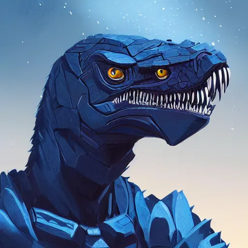 Image similar to portrait of an antropomorphic raptor knight, reptile face, dark blue scales, angry look, ready for battle, mattepainting concept blizzard pixar maya engine on cold night stylized background splash comics global illumination lighting artstation lois van baarle, ilya kuvshinov, rossdraws