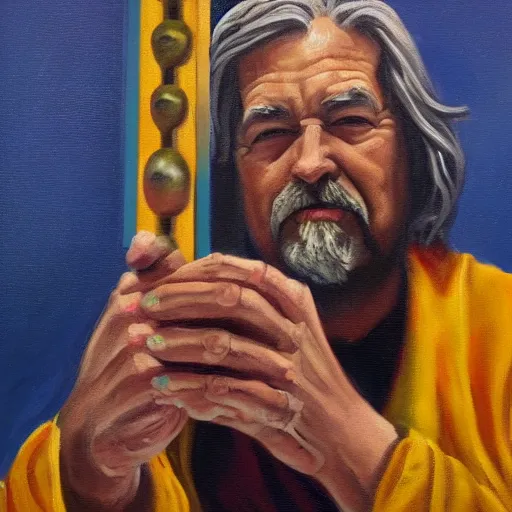 Image similar to Jay Powell as God, holding scales of balance in his hand, oil painting, masterpiece, 4k