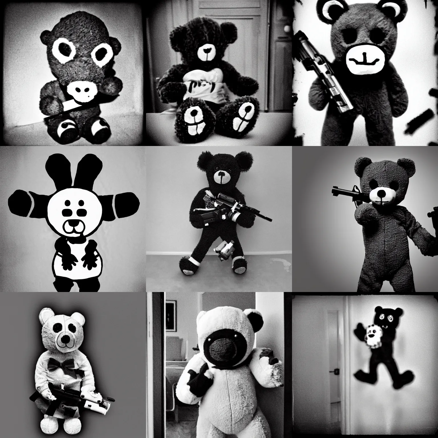 Prompt: found footage spooky horror teddy bear robbing your house with a gun and mask b & w grainy creepy dark
