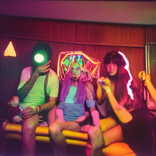 Image similar to interior view of people wearing disco clothing having a party inside of a 1970s luxury cabin at night with television, ektachrome photograph, f8 aperture