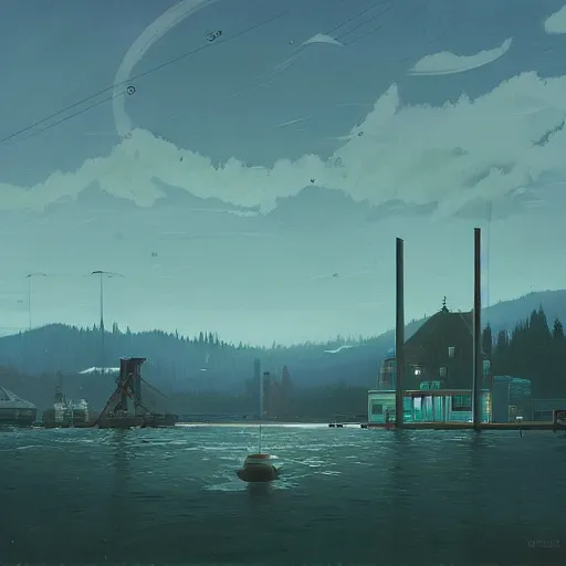 Image similar to yachting club by simon stalenhag