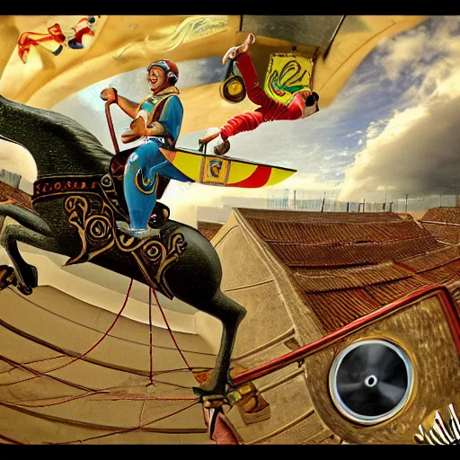 Image similar to roman horsedrawn chariot racer jumping high on half pipe, fish eye, tony hawk, video game