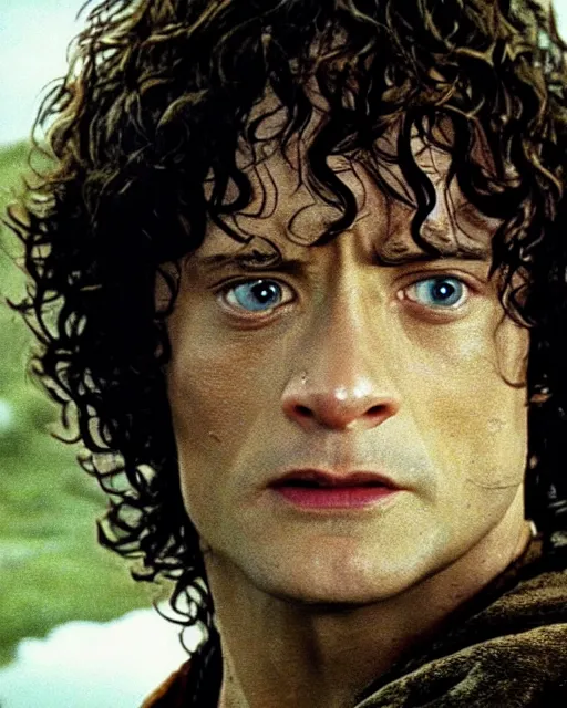 Image similar to film still close up shot of dwayne johnson as frodo baggins in the movie the lord of the rings. photographic, photography