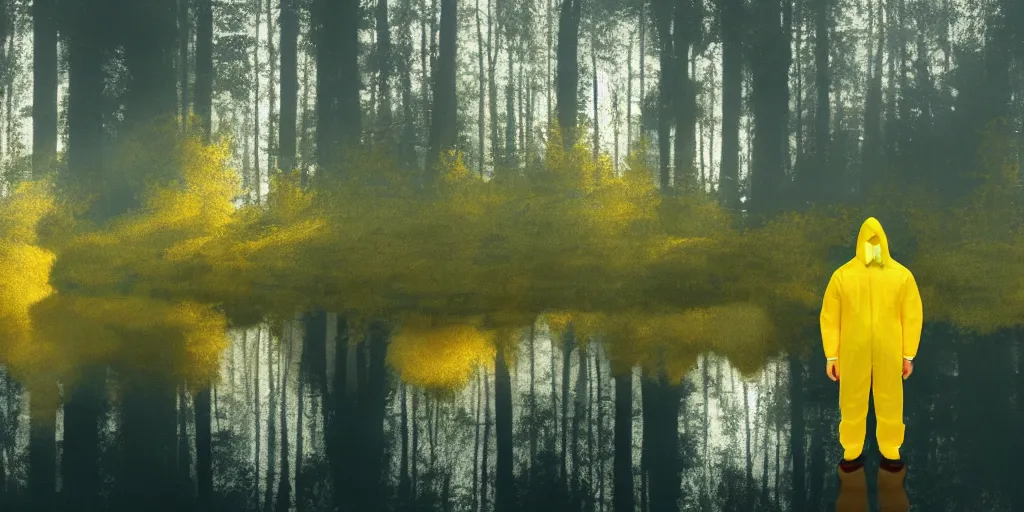 Image similar to a mysterious man in a yellow hazmat suit stands in a small lake with reflections in a detailed forest, painting, concept - art, rendering, octane, redshift, cinematic composition, volumetric lighting