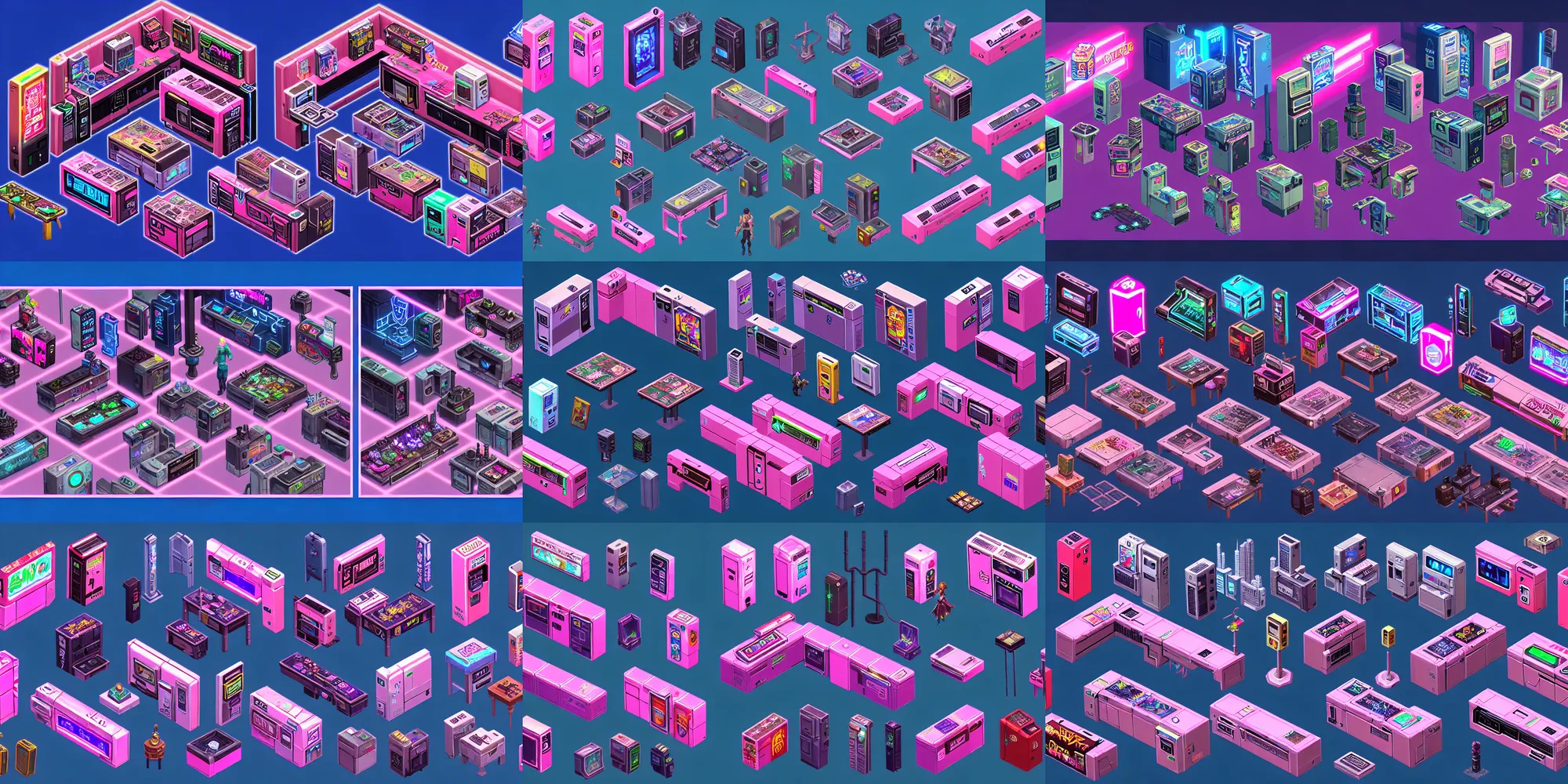 Prompt: game asset of the sims cyberpunk hongkong shadowrun furniture and decor, no characters, in gouache detailed paintings, vending machines, electric poles and box, computer and console and mechanical, props, stylized, 2 d sprites, kitbash, arcane, overwatch, blue and pink color scheme, 8 k, close up