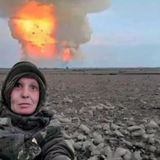 Image similar to last selfie of last alive ukrainian very damaged after a nuclear strike, a nuclear explosions in the background, hyper - realistic 2 0 2 2