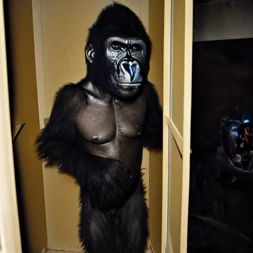 Prompt: grainy photo of a gorilla as a creepy monster in a closet, harsh flash