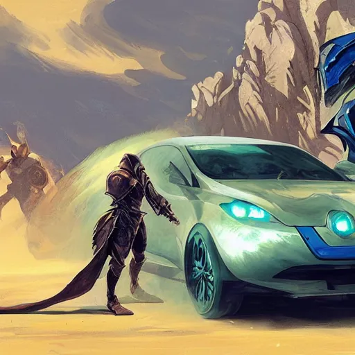 Prompt: dragon fire vs blue armor knight shield, green car hatchback, desert landscape, greg manchess, akehiko inoue and ross tran, greg rutkowski, alphonse mucha, D&D, fantasy, action