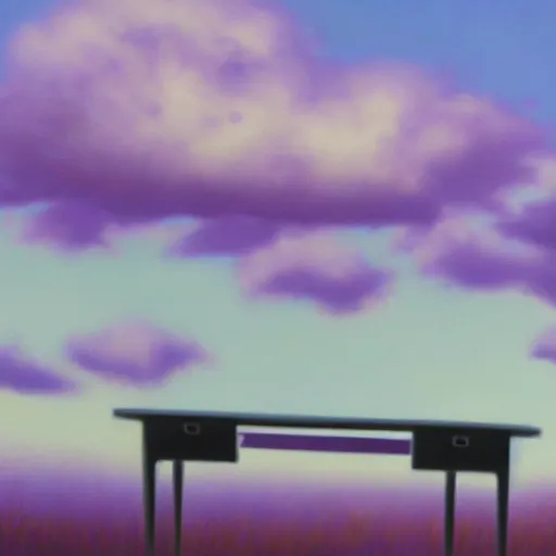 Prompt: realistic panting of a desk on a purple field blue clouds