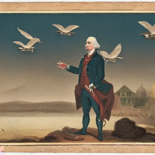 Prompt: a photochrom of George Washington surviving on seagulls while stranded on a desert island